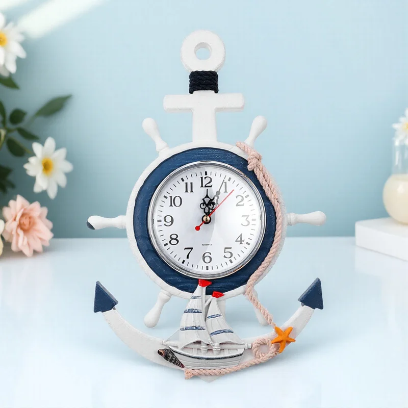 地中海スタイルの船舵型壁掛け時計、航海をテーマにした装飾木製壁掛け時計、静音で正確な時間表示