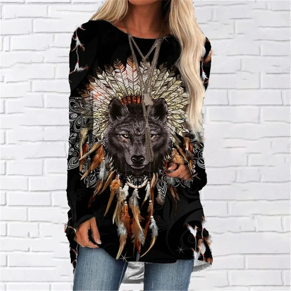 

Animal Wolf T shirt Women Fashion Casual Pullover Autumn Women's Round Neck Loose Plus-Size Harajuku Style Long Sleeve Tshirts