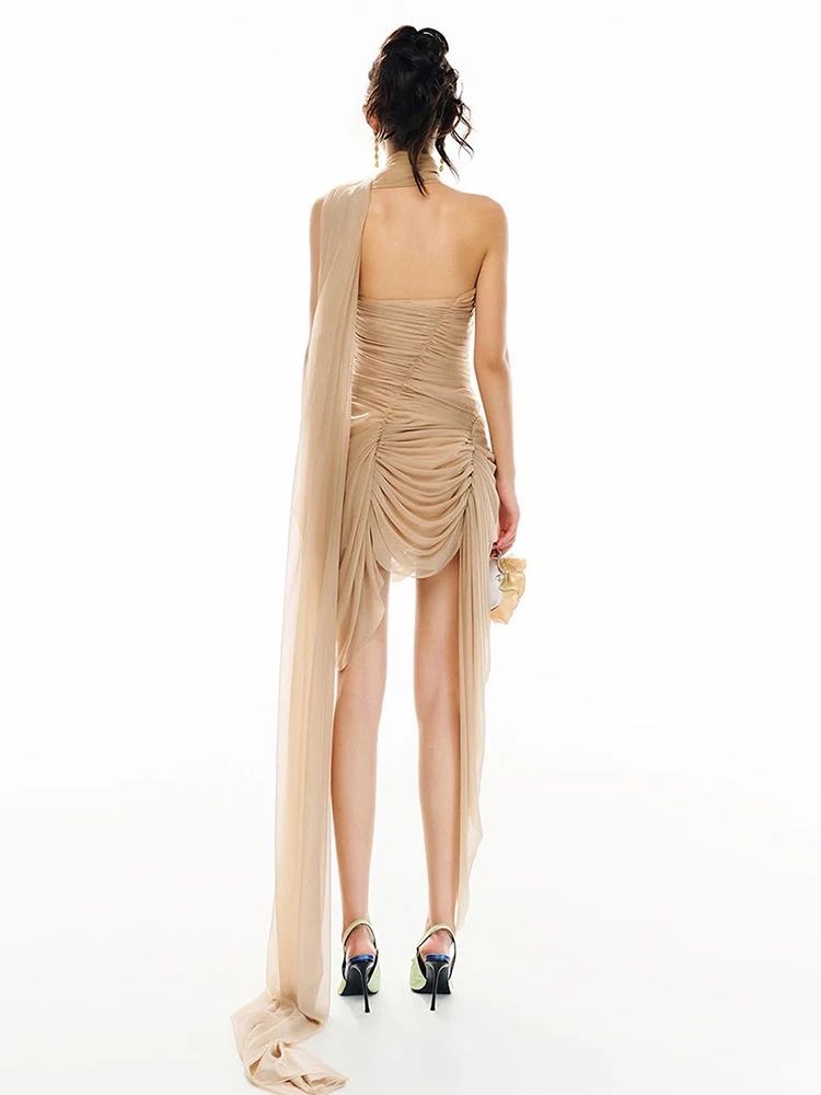 Nibber Birthday Party Dress Women Mesh Scarf Halter Y2K Double-Layer Ruched Irregular Sexy Elegant Peach Hip Clubear Bodycon