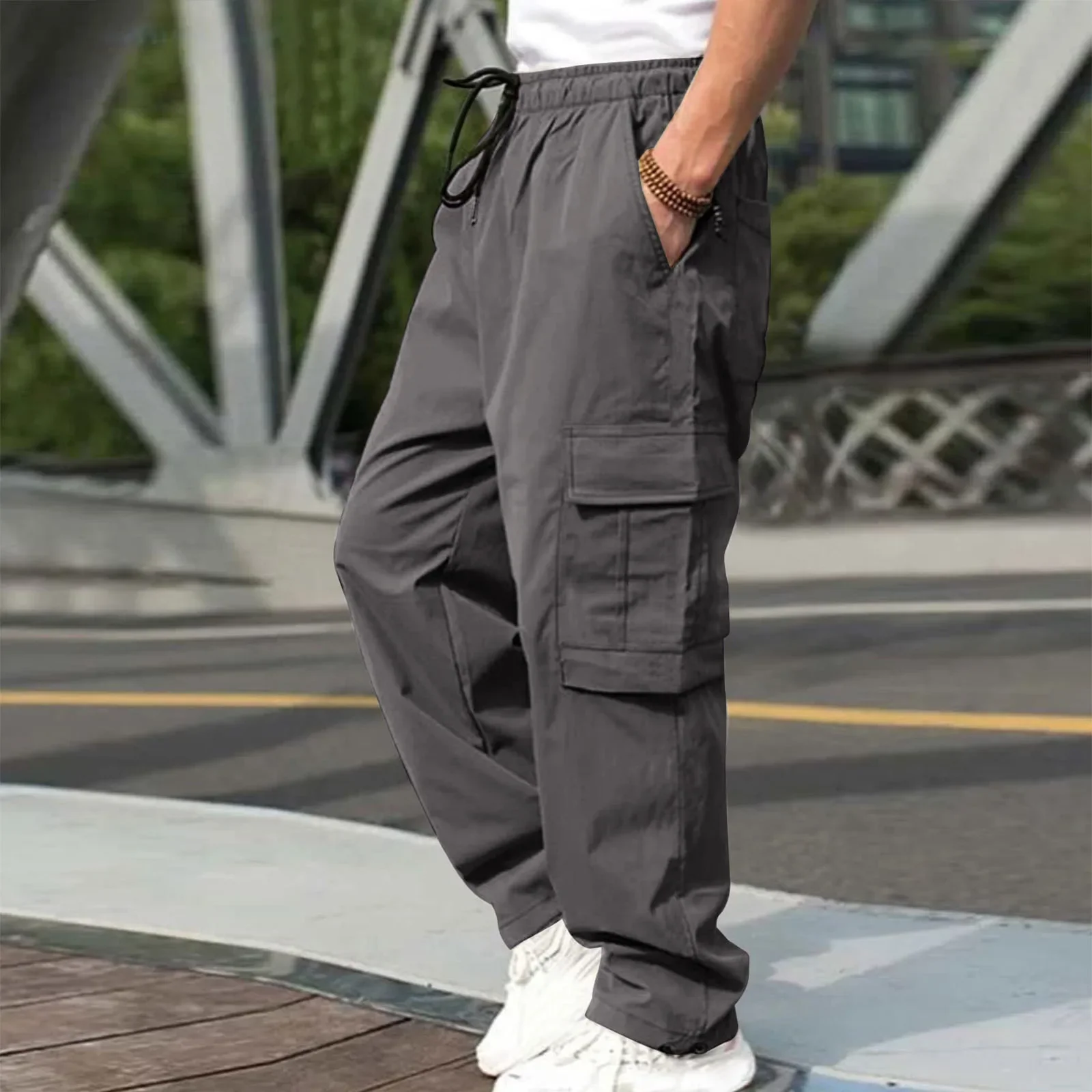 

Men Casual Cargo Pants Elastic Waistband Drawstring Multi Pockets Hip Hop Slacks Straight Wide Leg Long Trousers