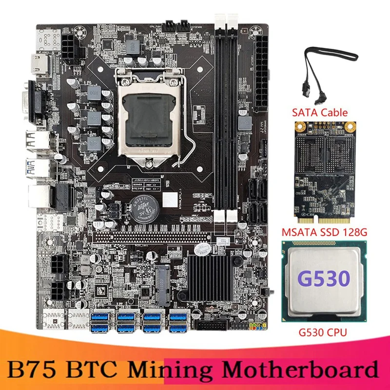 B75 BTC Mining Motherboard+SATA Cable+G530 CPU+MSATA SSD 128G LGA1155 8XPCIE USB Adapter DDR3 B75 USB Miner Motherboard latest motherboard for desktop