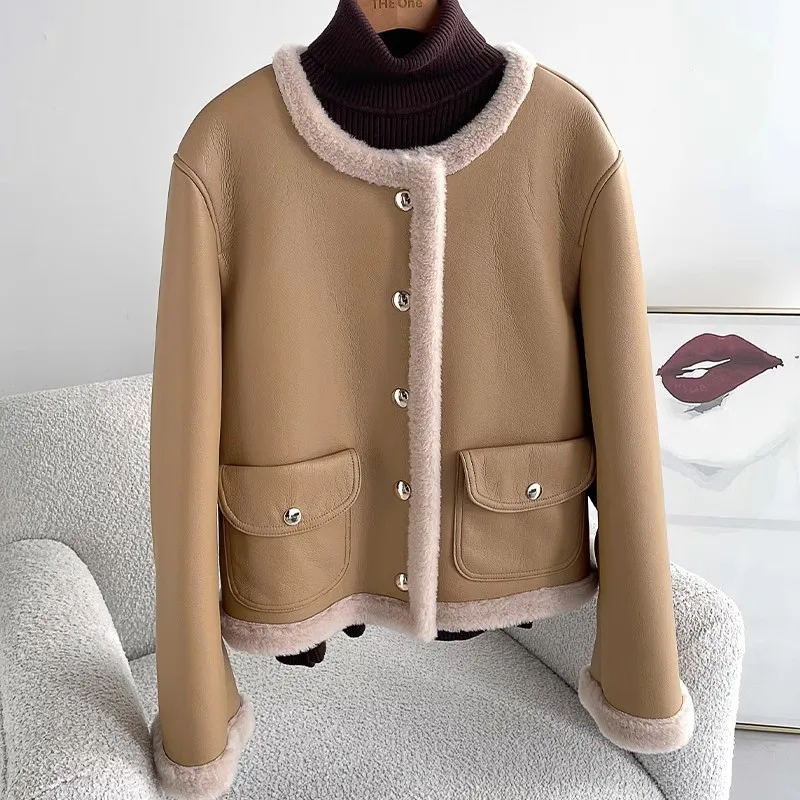 

Женское повседневное меховое пальто из овчины, однотонные теплые однобортные шерстяные куртки с длинным рукавом, Женская плотная верхняя одежда на осень и зиму