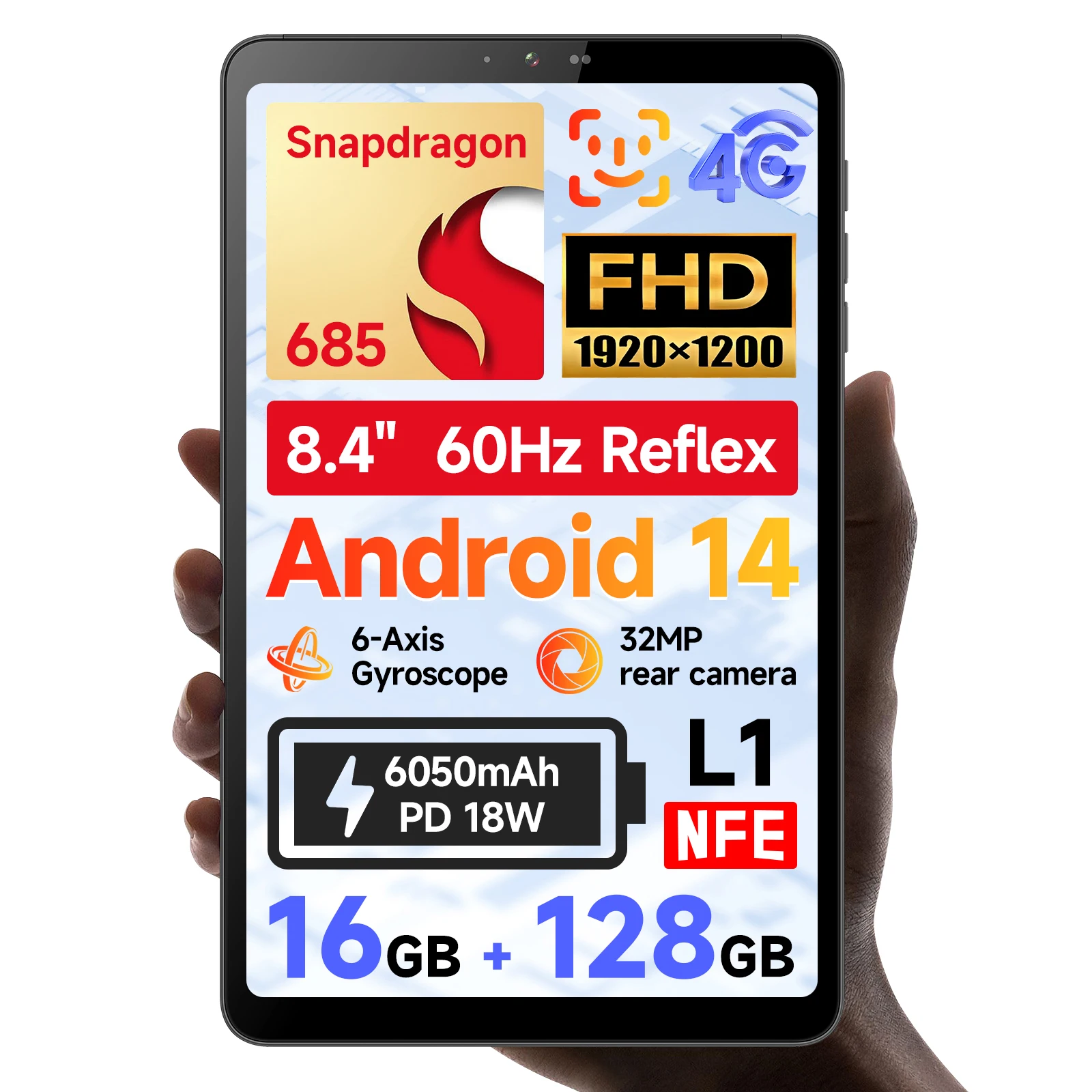 BNCF BPad Mini 8.4 inch Snapdragon SMD685 Tablet Android14 (8+8)GB RAM+128GB ROM 6050mAh Battery 4G LTE Widevine L1 2K IPS Tab