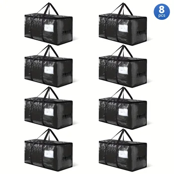 8-Pack Extra Large Moving Bags - Zinc Alloy Zipper, Webbing Edging, Sturdy Handles, Heavy-duty Construction, Clear Plastic, Spacious Storage Compartments - Perfect for Worry-free Moves, College Dorms, And Home Organization Needs Black Storage Bags 1