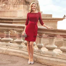 

Pleat Red Formal Mother Of The Bride Dress 3/4 Sleeves Scoop Neck Top Lace Knee Length Mother Party Gowns Custom Made