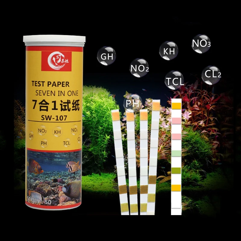 50Pcs Multipurpose 7 in 1 PH Test Paper Fish Tank Aquarium Water Test Kits Tools Accessories Swimming Pool Water Tester Paper