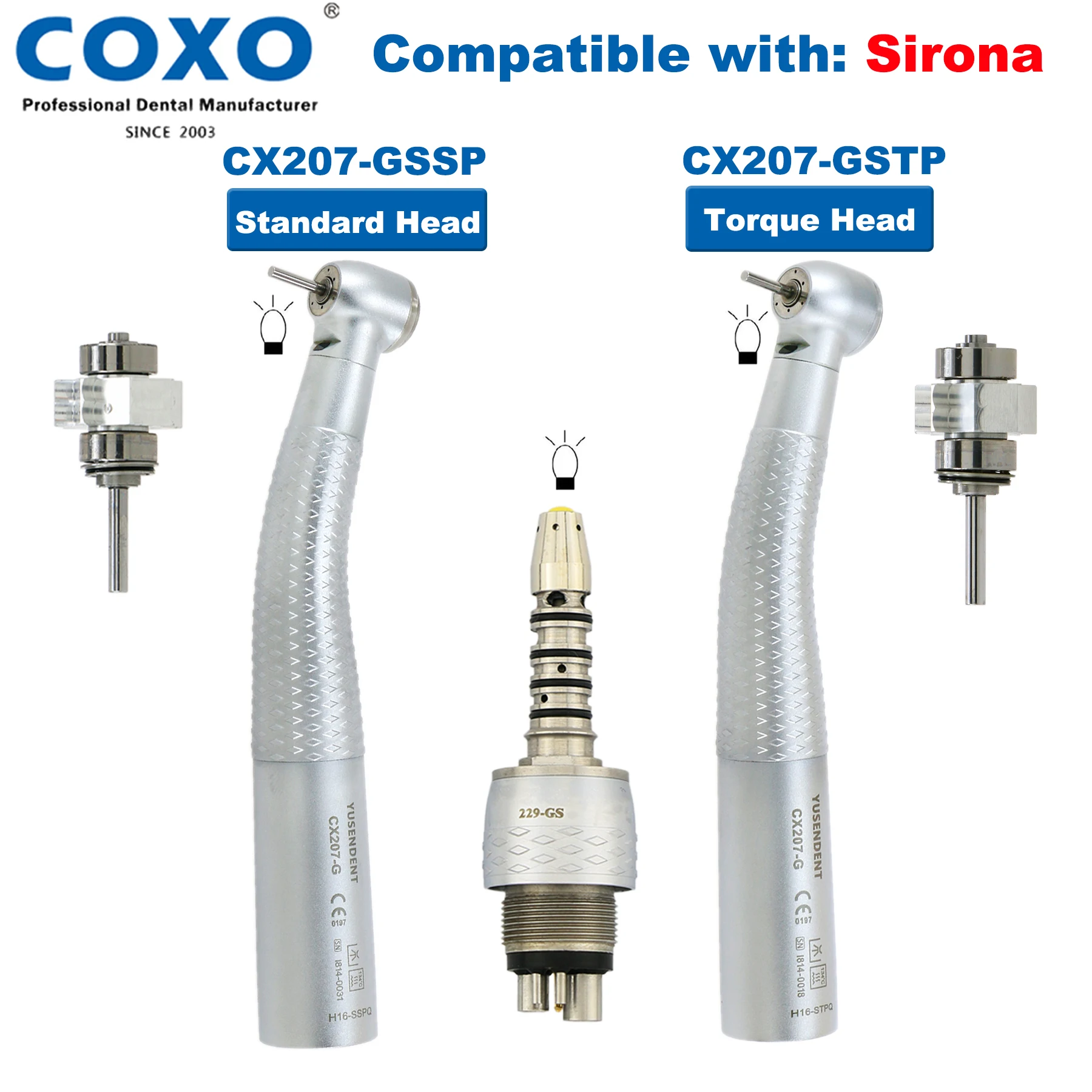 

COXO Dental Turbine Fiber Optic High Speed Handpiece Air Turbine Standard/Torque Head Handpiece Fit SIRONA R/F Coupling 6 Pin