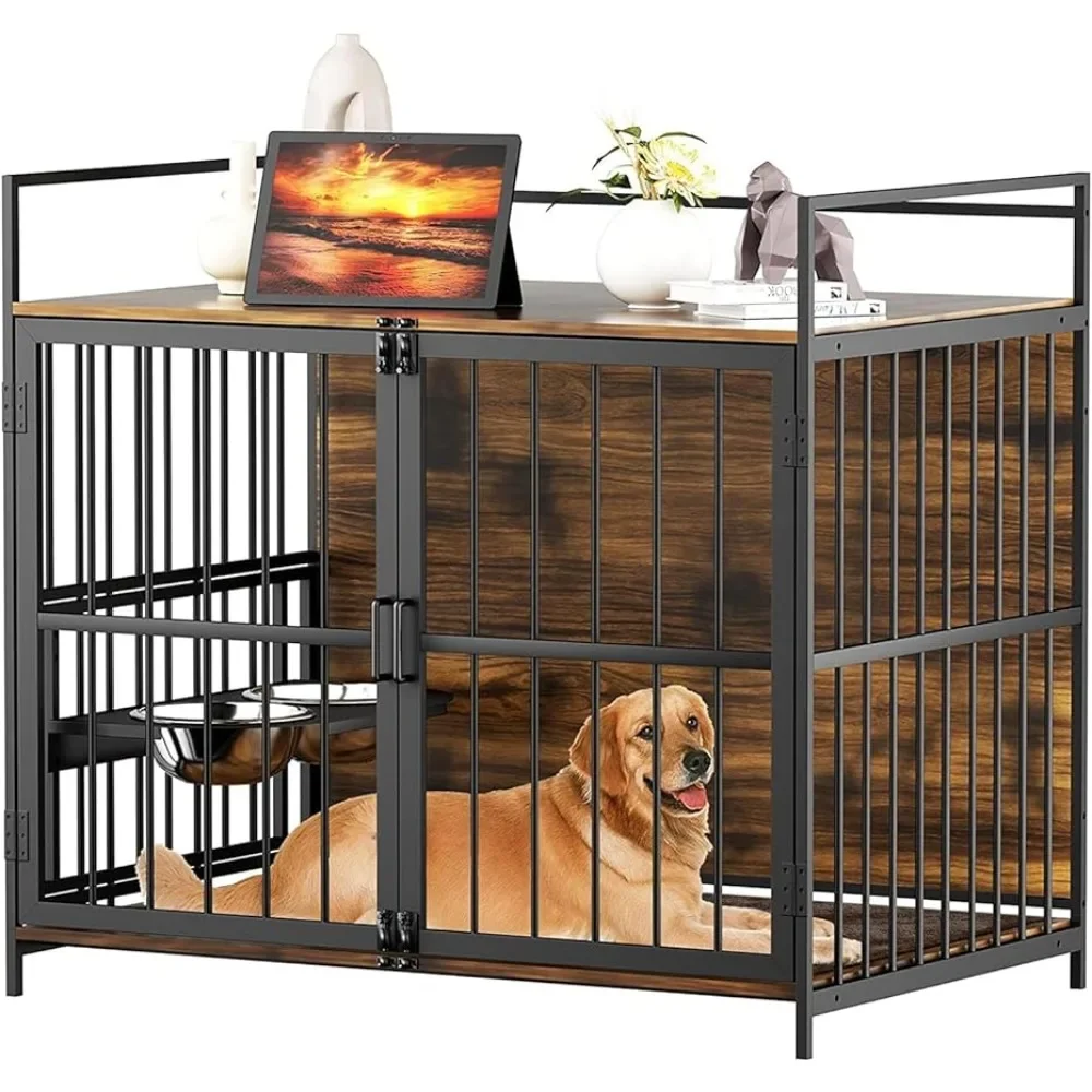 

Large Dog Crate With 360° & Adjustable Raised Feeder for Dogs With 2 Stainless Steel Bowls -End Table Dog House With Dog Pad Pet
