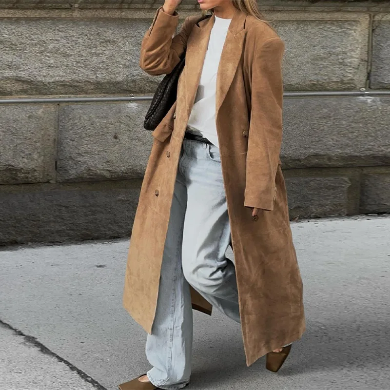 Fashion Lapel Suede Long Jacket Women Elegant Oversized Double-breasted Trench Overcoat Autumn Lady Commute Outerwear New