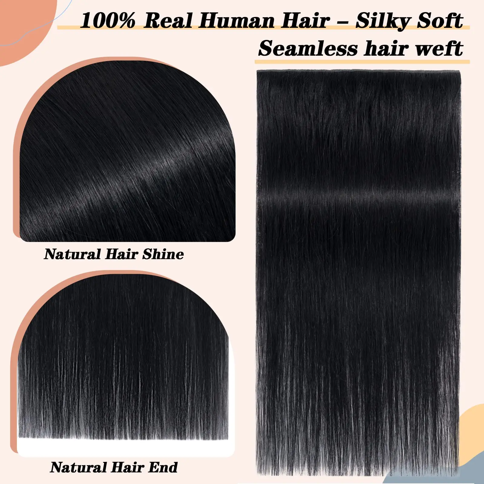 Hair Extension Clip in Hair Extensions Real Human Hairs Black Straight Extensions Head with 5 Clips One Piece Hair Clip in #1 Jet Black 26 Inch