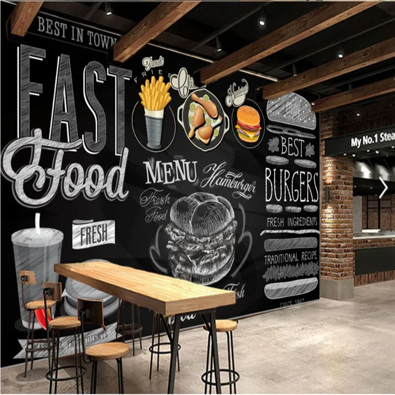 

Modern Burgers Restaurant Wall Paper 3D Blackboard Hand-painted Western Fast Food Catering Background Wall Mural Wallpaper 3D