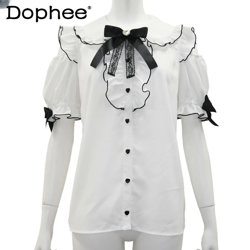 

Women SC Japanese Style Sweet And Cute Mine Shirt off-the-Shoulder Mass-Produced Top Blouse Lolita Short Sleeve Blusas De Mujer