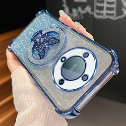 Glitter Butterfly Holder Plating Silicone Shockproof Case for Magic 7 Lite (FS SFHD Sierra blue)