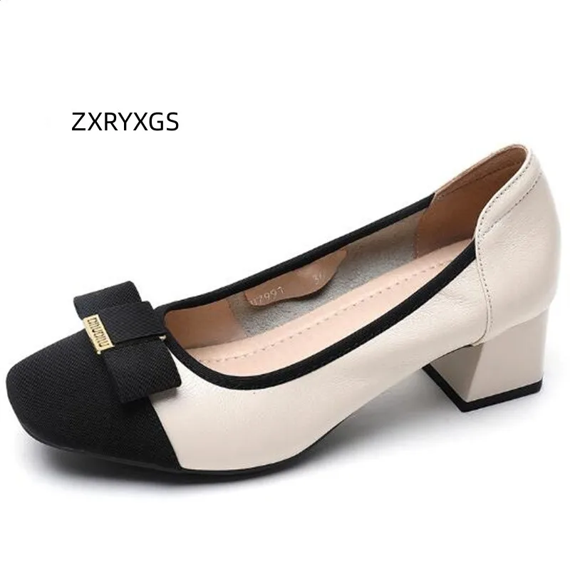 

ZXRYXGS Top Soft Cowhide Splicing and Color Matching Bow Women Work Banquet Shoes 2023 Elegant Comfortable Mid Heels Large Size