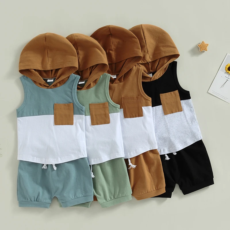 

2023-04-08 Lioraitiin 0-3Years Toddler Baby Boy 2Pcs Casual Summer Clothing Sleeveless Hooded Patchwork Top Vest Solid Shorts