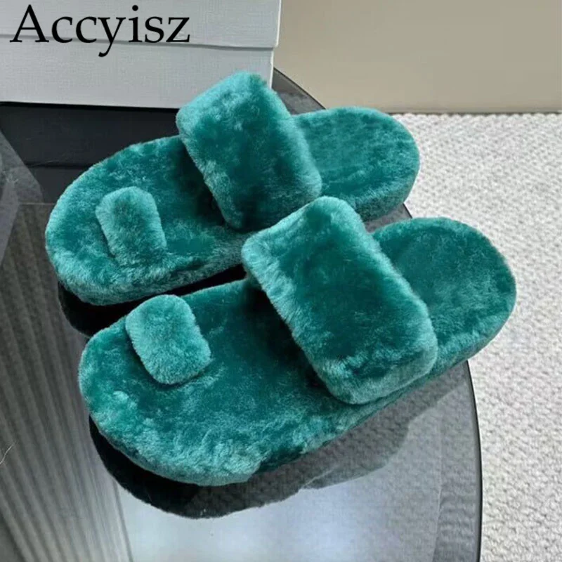 

New Thick Heel Fur Slipers Women's Open Toe Platform Shoes Comfort Warm Slippers Autumn Winter Lazy Mules Home Wool Slippers