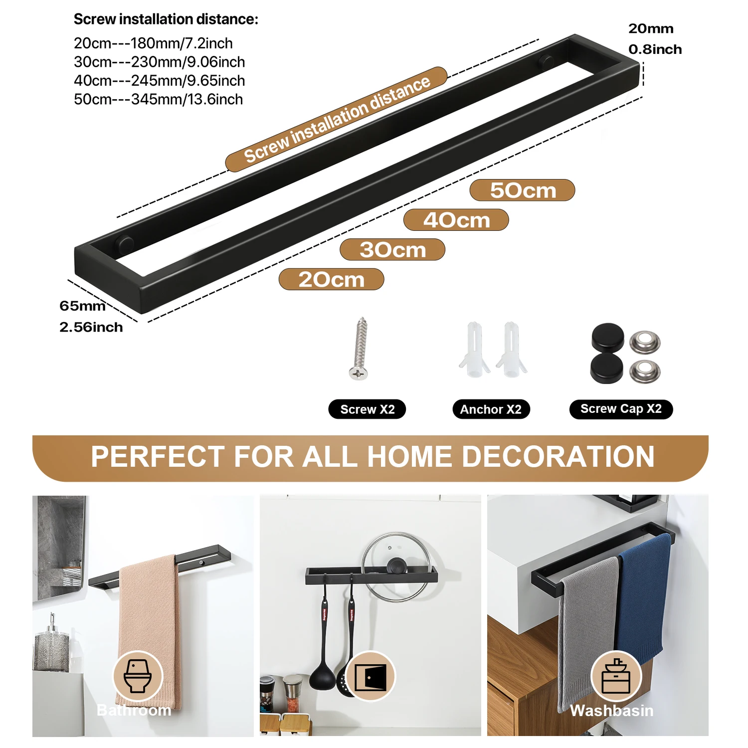 Porta Asciugamani Da Parete Nero - Acciaio Inox 304, 39cm, Doppia Installazione - Foto 11