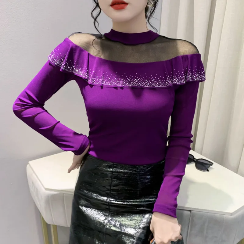 

#8209 Black Purple Office Mesh T Shirt Women Ruffles Diamonds Slim Perspective Women T-shirt Thin Hollow Out Short Tshirt Autumn