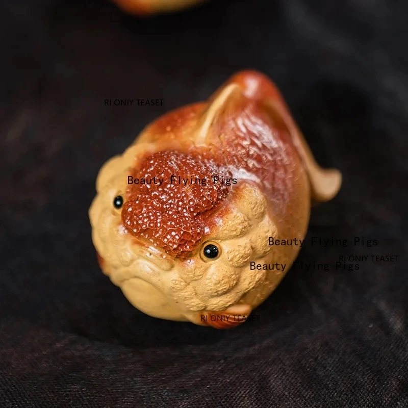 Yixing Purple Clay Tea Pet Lucky Goldfish Statue Desktop Tea Ceremony Decoration Crafts