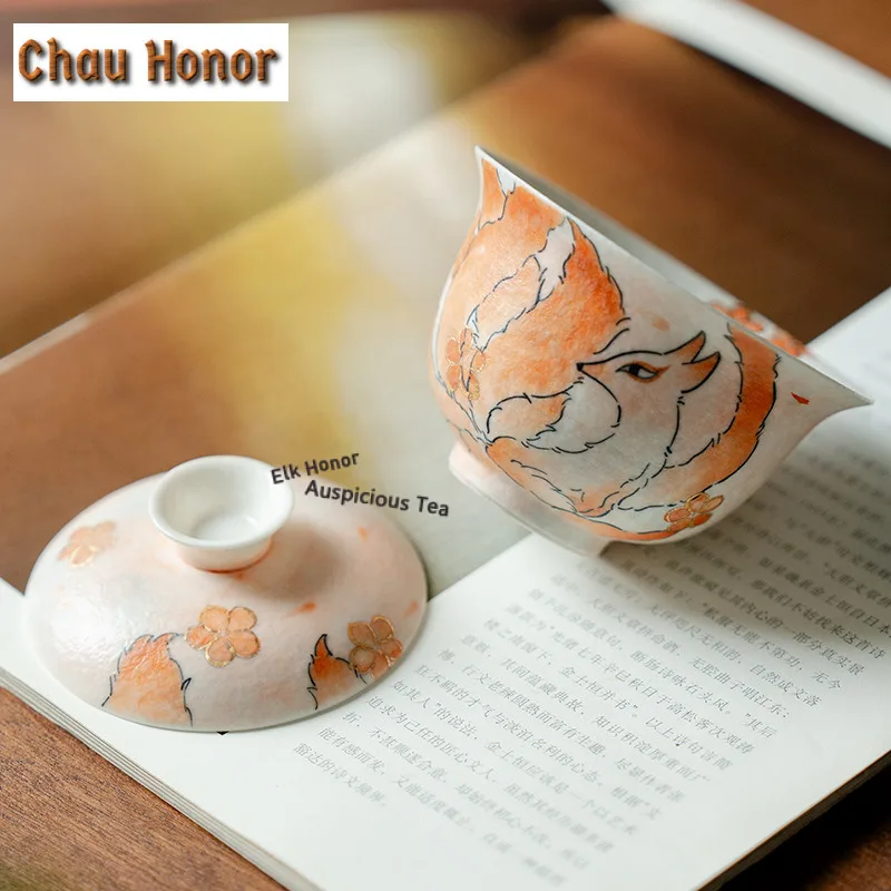 120ml Pure Hand-drawn Nine-tailed Fox Gaiwan Ancient Tea Tureen Tea Bowl with Lid Kit Tea Making Cover Bowl Teaset Craft Gift
