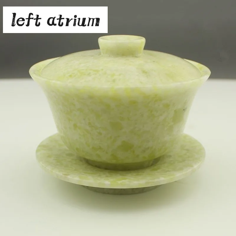 Natural Jade Gaiwan Health Gongfu Teaware Genuine Chinese Jades Stone Bowl Cover Teacups Chinese Tea Ceremony Kung Fu Teaset