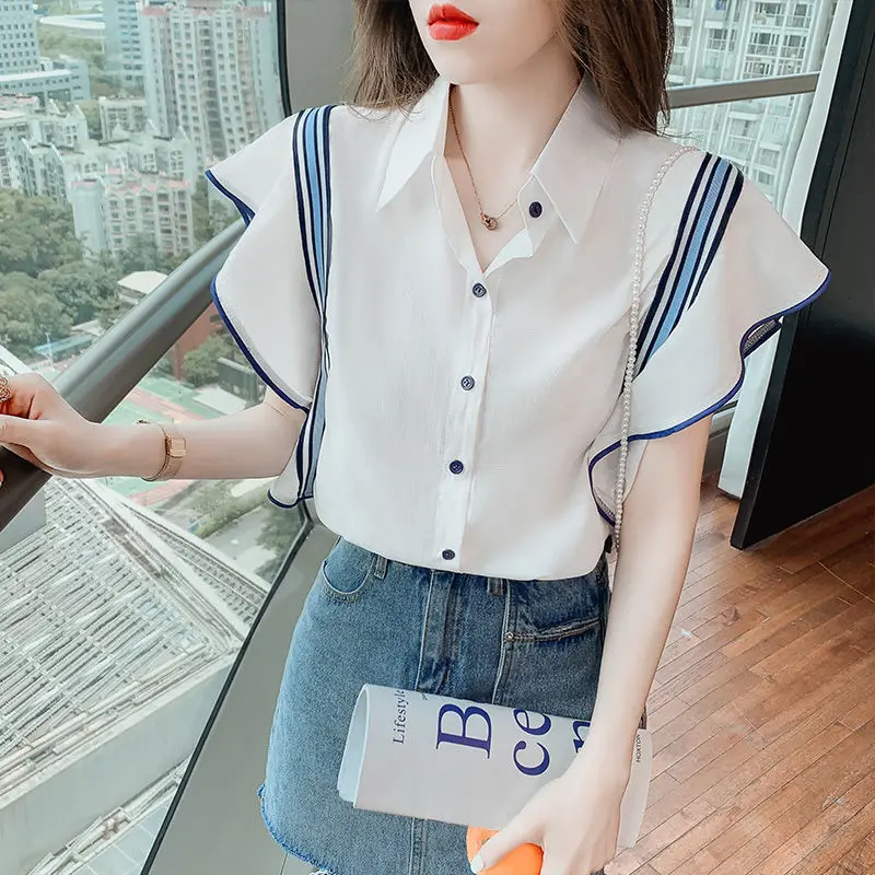 Female Korean Solid Color Spliced Flying Sleeve Shirt Summer Women's Clothing Turn-down Collar Fashion All-match Button Blouse