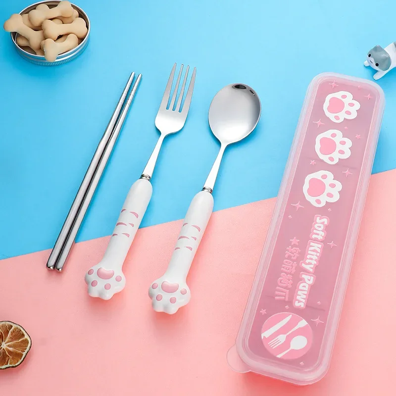 Stainless Steel Cute Cat Claw Tableware Spoon Fork Chopsticks Set