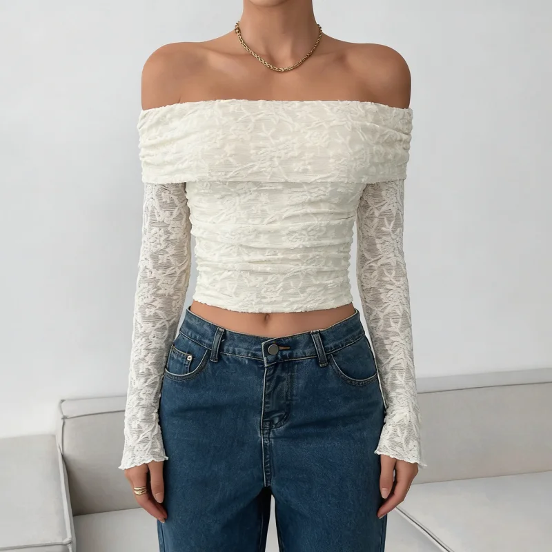 2026 New Fashion Spring and Summer One-Neck Women's Long Sleeve Top Retro Lace Embroidery Solid Color Office Casual Blouse