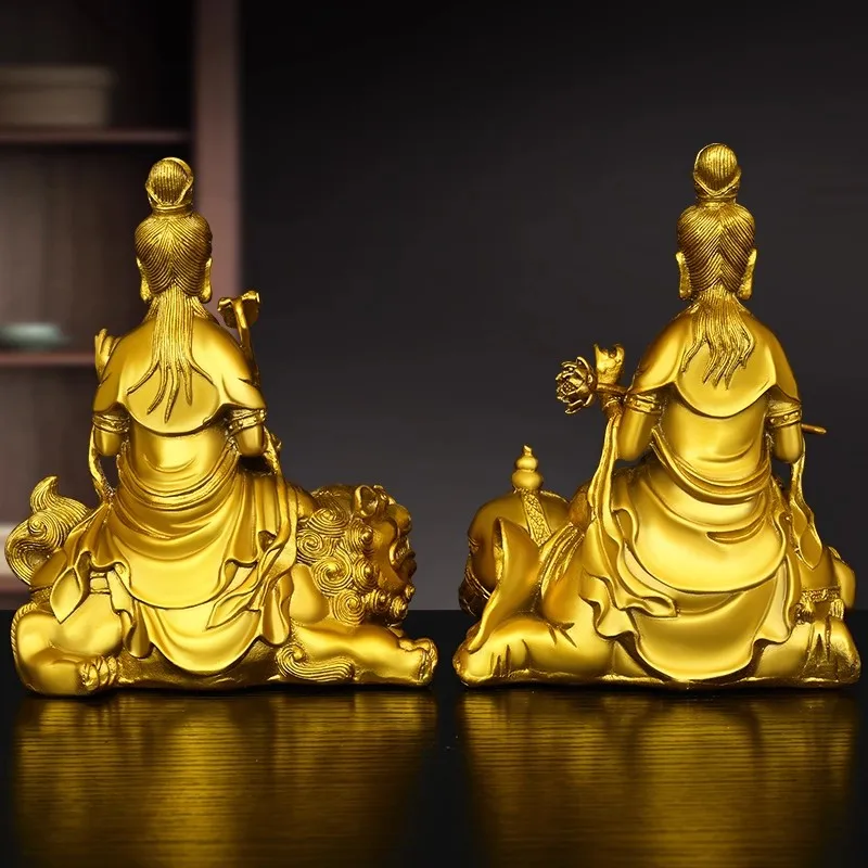 A Pair of Brass Manjushri and Samantabhadra Statue, Buddha on Lion & Elephant, Buddhist Altar Decor, Gift for Buddhist