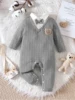 Spring And Autumn Boys And Girls  Polo Neck Long Sleeve Bow Romper Open Button Pants Fashionable And Warm 2