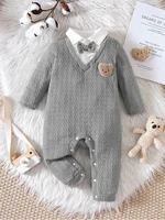 Spring And Autumn Boys And Girls  Polo Neck Long Sleeve Bow Romper Open Button Pants Fashionable And Warm 2