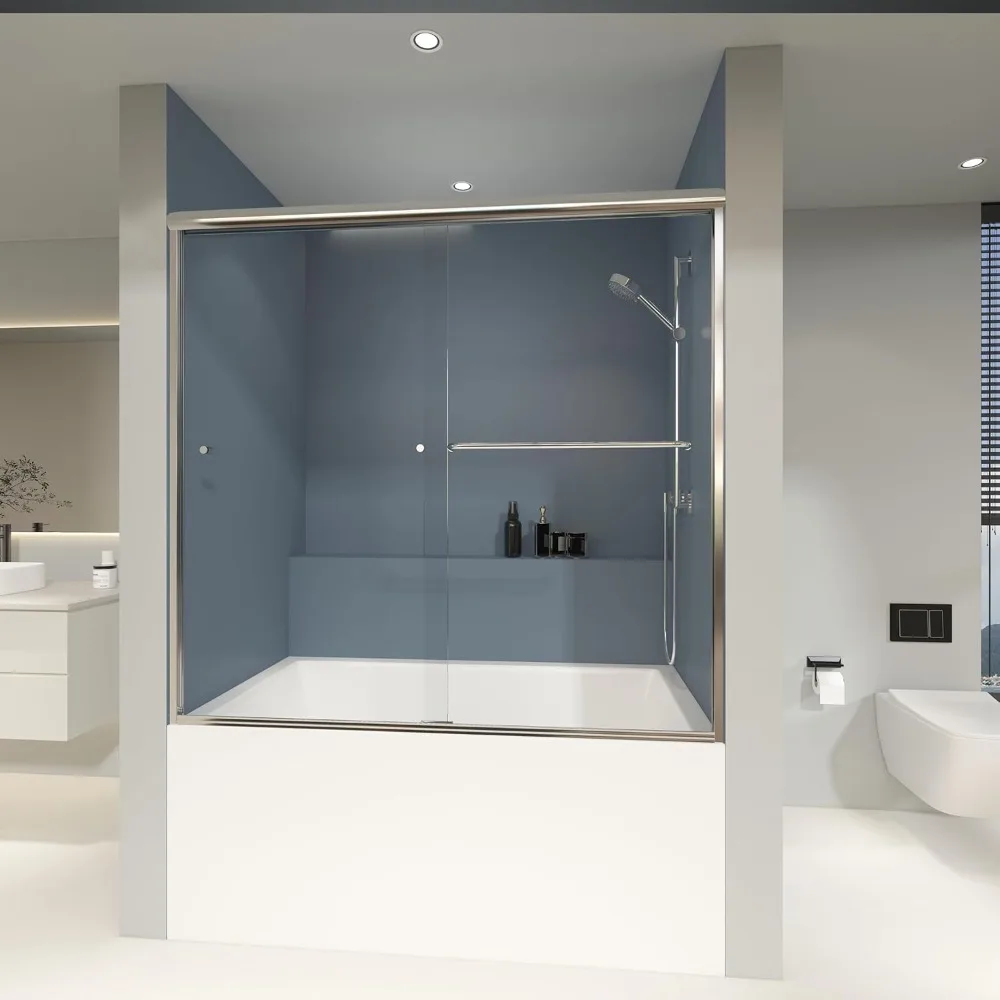 Shower Door, 60 in. W X 57 in. H, Double Sliding Bathroom Showers Doors, Clear Tempered Glass, Chrome Finish, Tub Shower Door 2