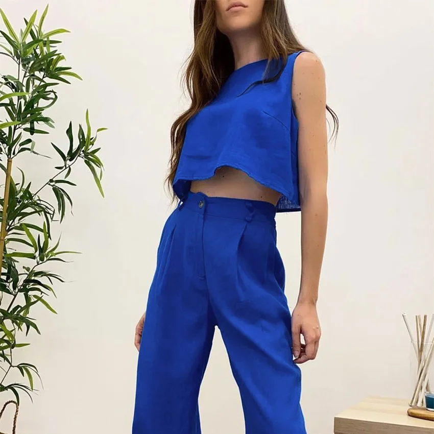 Solid Color Sleeveless Vest Top+Pants Women Set 2023 Summer Fashion Women Two-Piece Comfortable Cotton Linen Loose Fitting Set