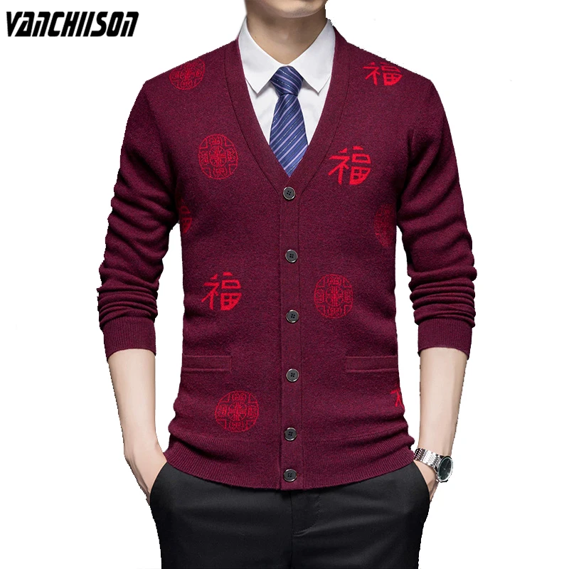 

100% Wool Men Knit Buttons Down Cardigan Jacket Sweater V Neck Chinese Style Retro Vintage Casual Male Clothing 637