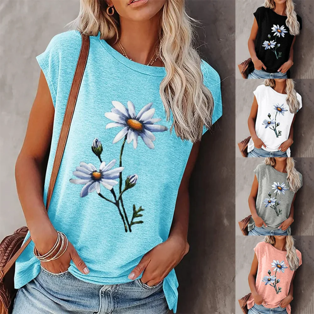 

New 2023 Women's Short-sleeved Summer T-shirt Casual Flower Pattern Round Neck Loose Top Side Split Blended Batwing Sleeve