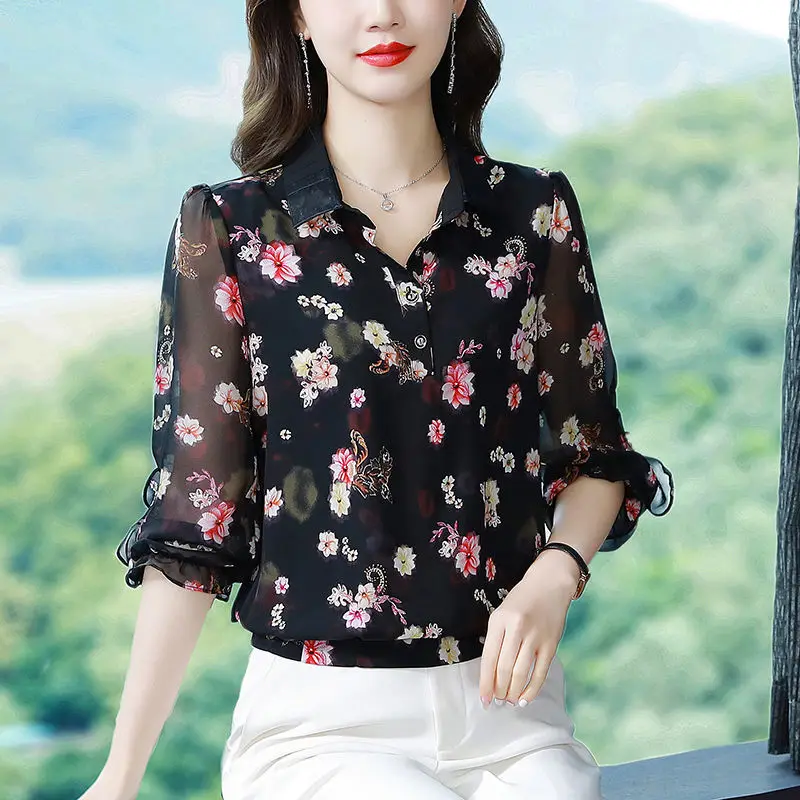 Women Spring Floral Spliced Turn Down Collar Cotton Blouse