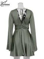 Oymimi Fashion Green Satin Women's Dress Elegant Deep V-Neck Long Sleeve Dresses Autumn High Waist Pleated Mini Dresses Female - Image 6