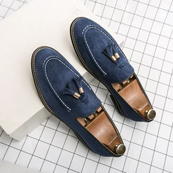 Spring and Autumn Loafers Men's Slip-on Light Blue Tassel Fashion Suede Men's Shoes Thick Bottom Pointed Toe Designer Men Shoes