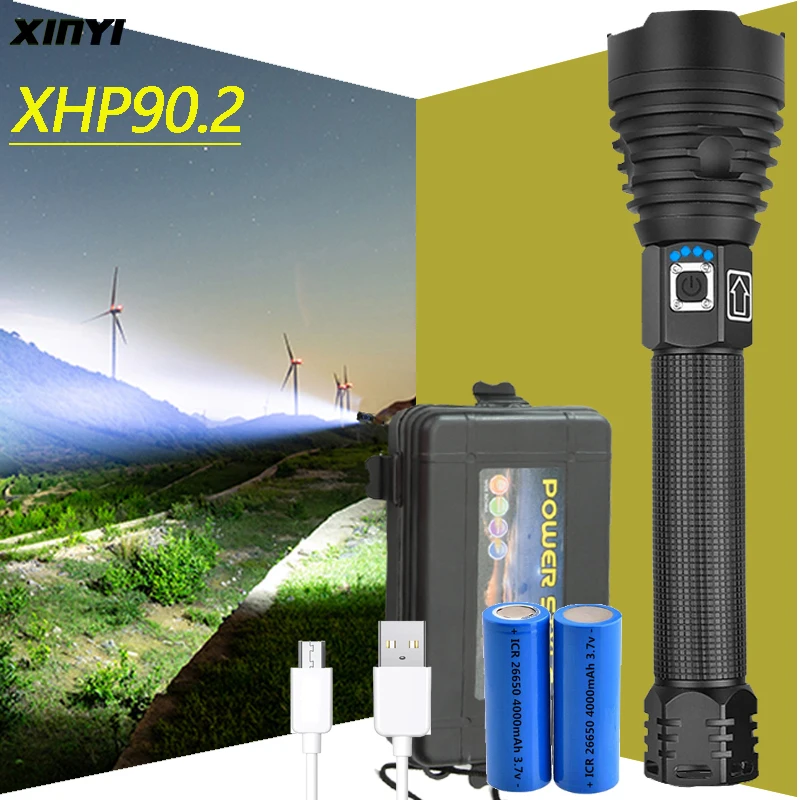 

Most Powerful XHP90 led flashlight 90000LM Tactical waterproof Torch 3 modes Zoomable Hunting camping lamps By 18650 or 26650