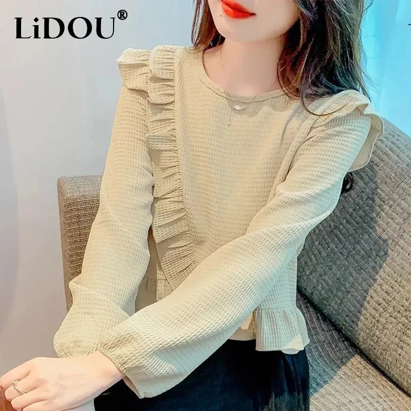 

Spring Autumn Korean Style Sweet Ruffles Irregular Blouse Femme Lantern Long Sleeve Pullover Top Women Simple All-match Shirt