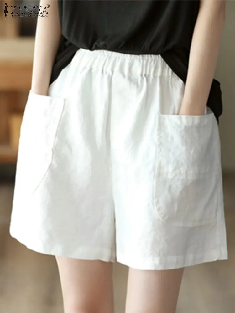 

Шорты ZANZEA женские с эластичным поясом, модные однотонные свободные шорты в Корейском стиле, праздничные повседневные хлопковые короткие штаны с карманами, лето 2024