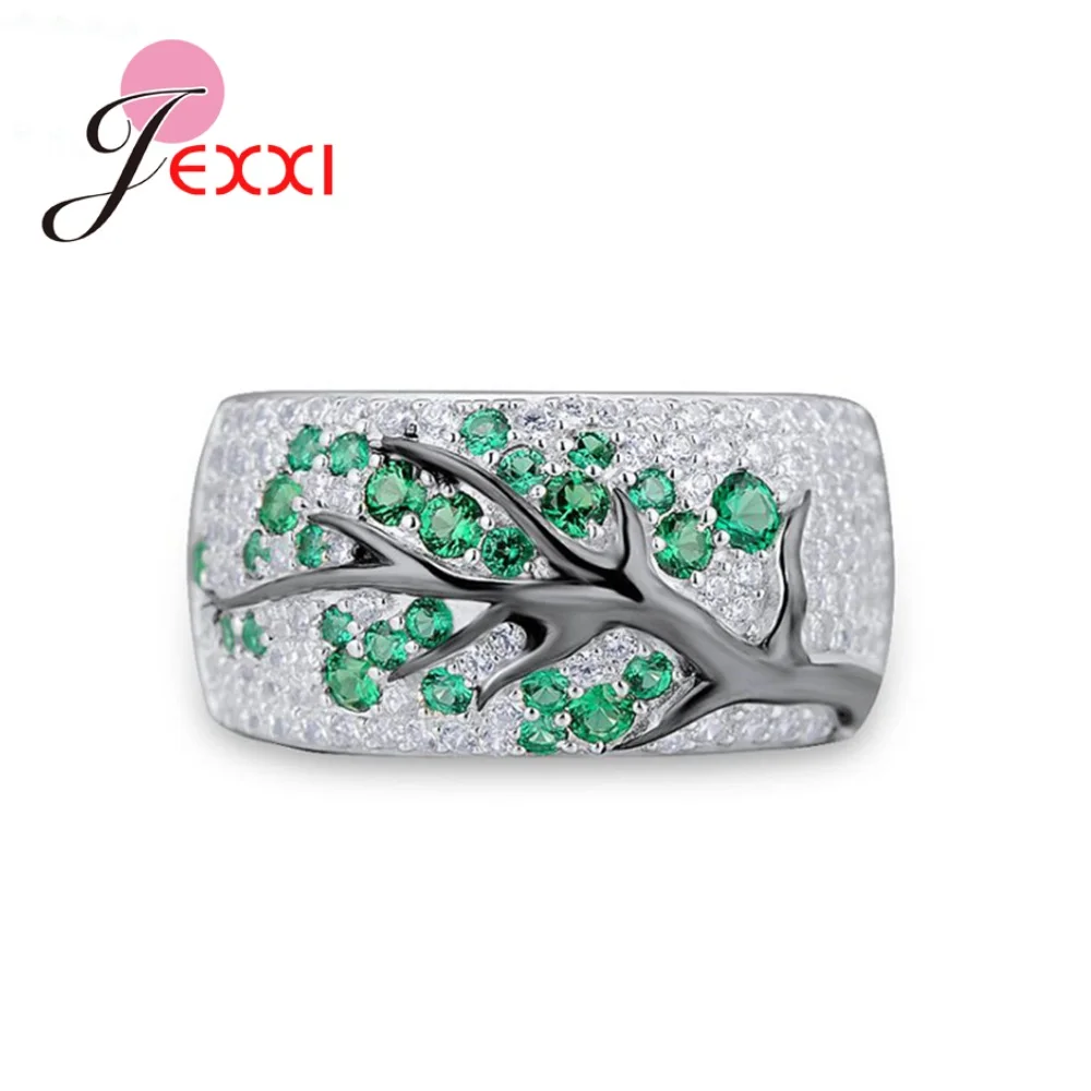 Solid 925 Silver Color Austrian Crystal Finger Rings Colorful Tree Original Design Men Women Couple Jewelry