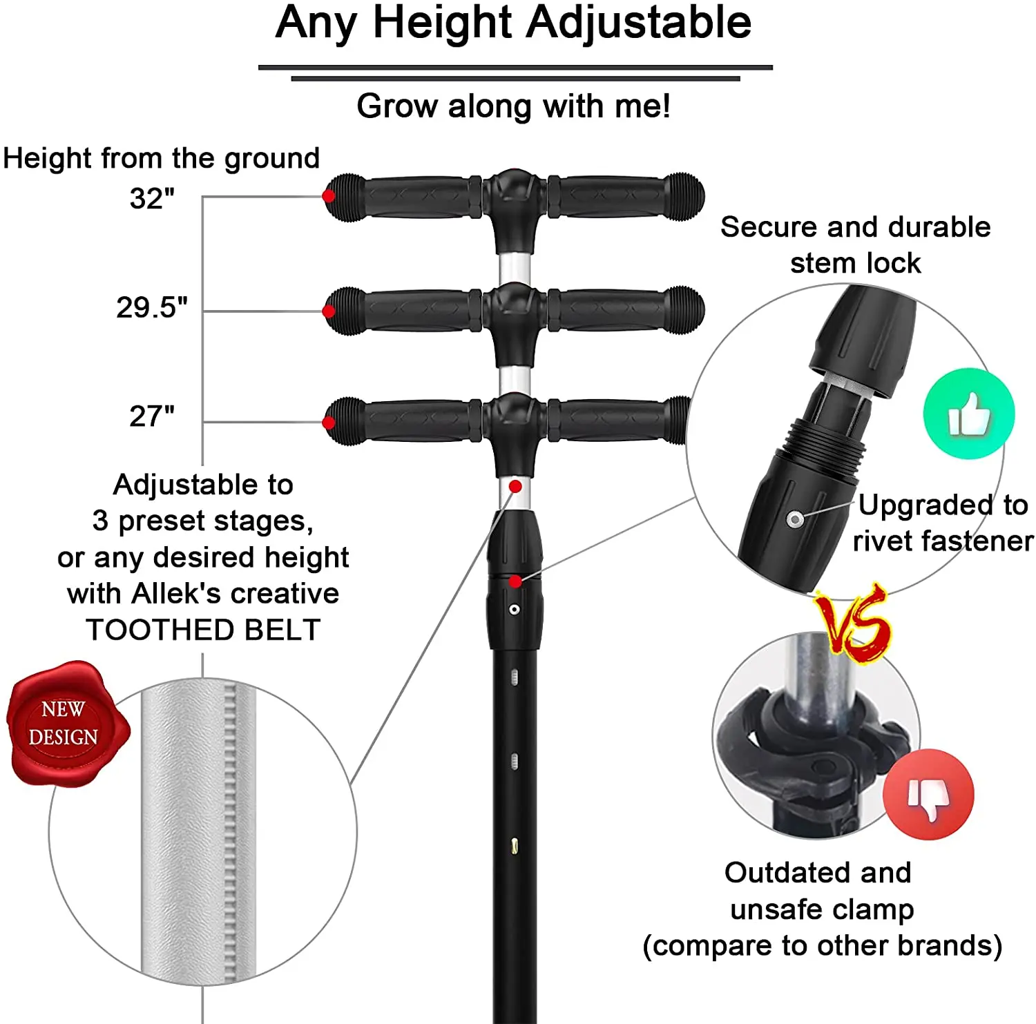 Allek Kick Scooter 3-Wheeled Push Scooter with PU Light-Up Wheels for Children 3-12years Heavy Duty kickboard Adjustable Height 4
