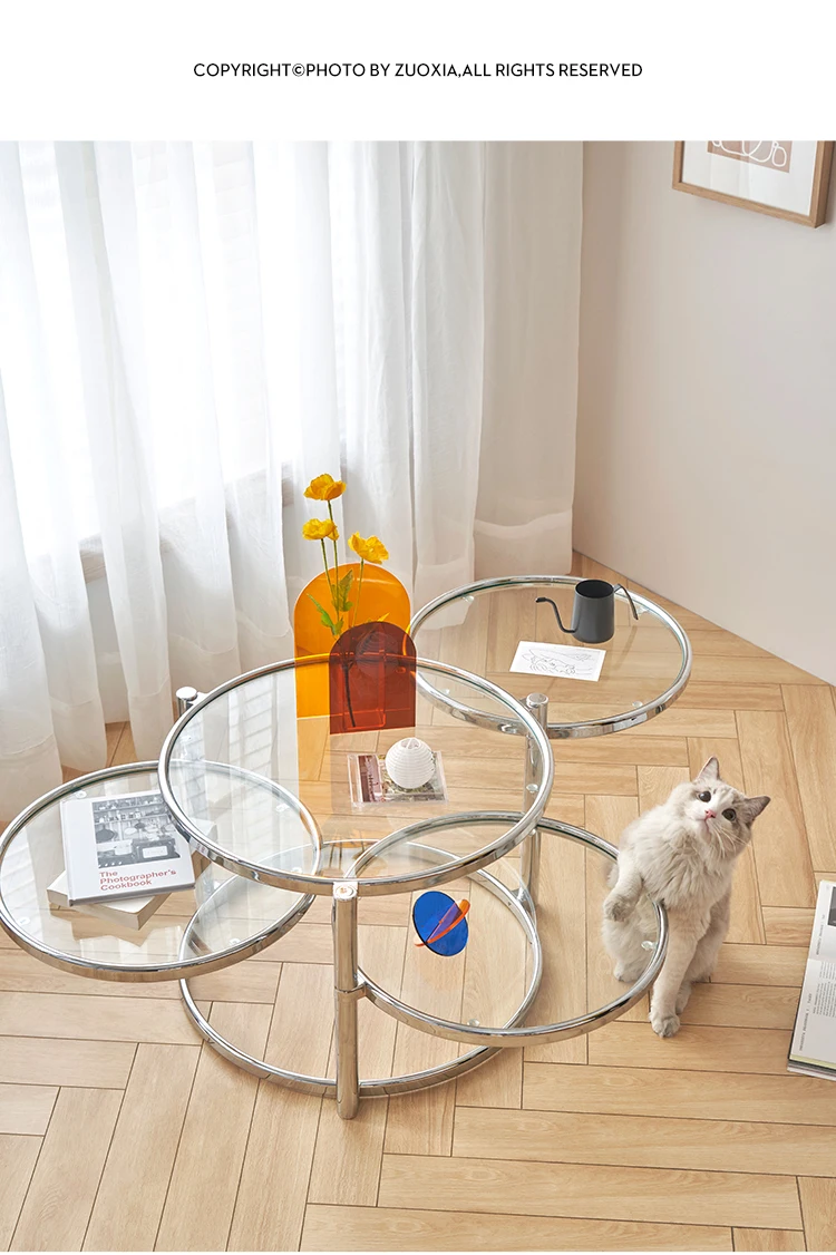 Nordic Small-sized Tea Table Rotating Glass Transparent Circular Creative Stainless Steel Living Room Household Tea Table Столик
