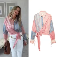 Nouvelle Collection Été 2026 : Chemisier Femme Color-Block à Manches Longues, Décoré d'un Nœud, Transparent et Léger, Tendance et Unique 1