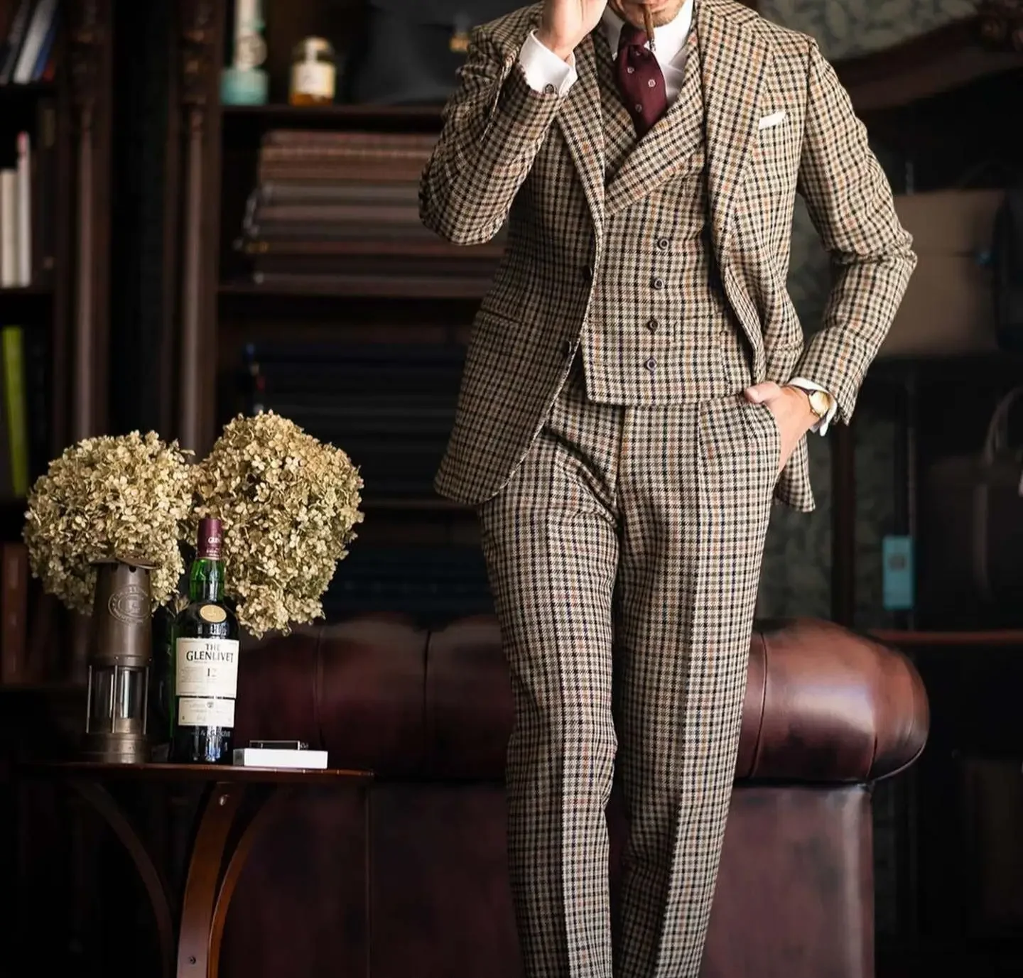 

Burgundy Black Green 3 Color Small Square Thousand Bird Man‘s Suit Set Outfit Notch Lapel Blazer Trousers 3pcs Jacket Pants Vest