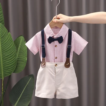 New Summer Kids Boy's Clothes Suits Children Blue Striped Shirt Bib Shorts 2Pcs/Set Gentleman Toddler Baby Tracksuits 0-5 Years 3