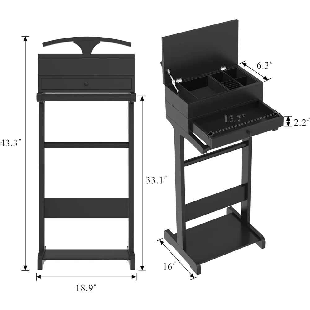 mens valet stand with drawer, tray, shoe shelf and suit rack, wooden clothing rack for men women, clothes valet stand for bedroo