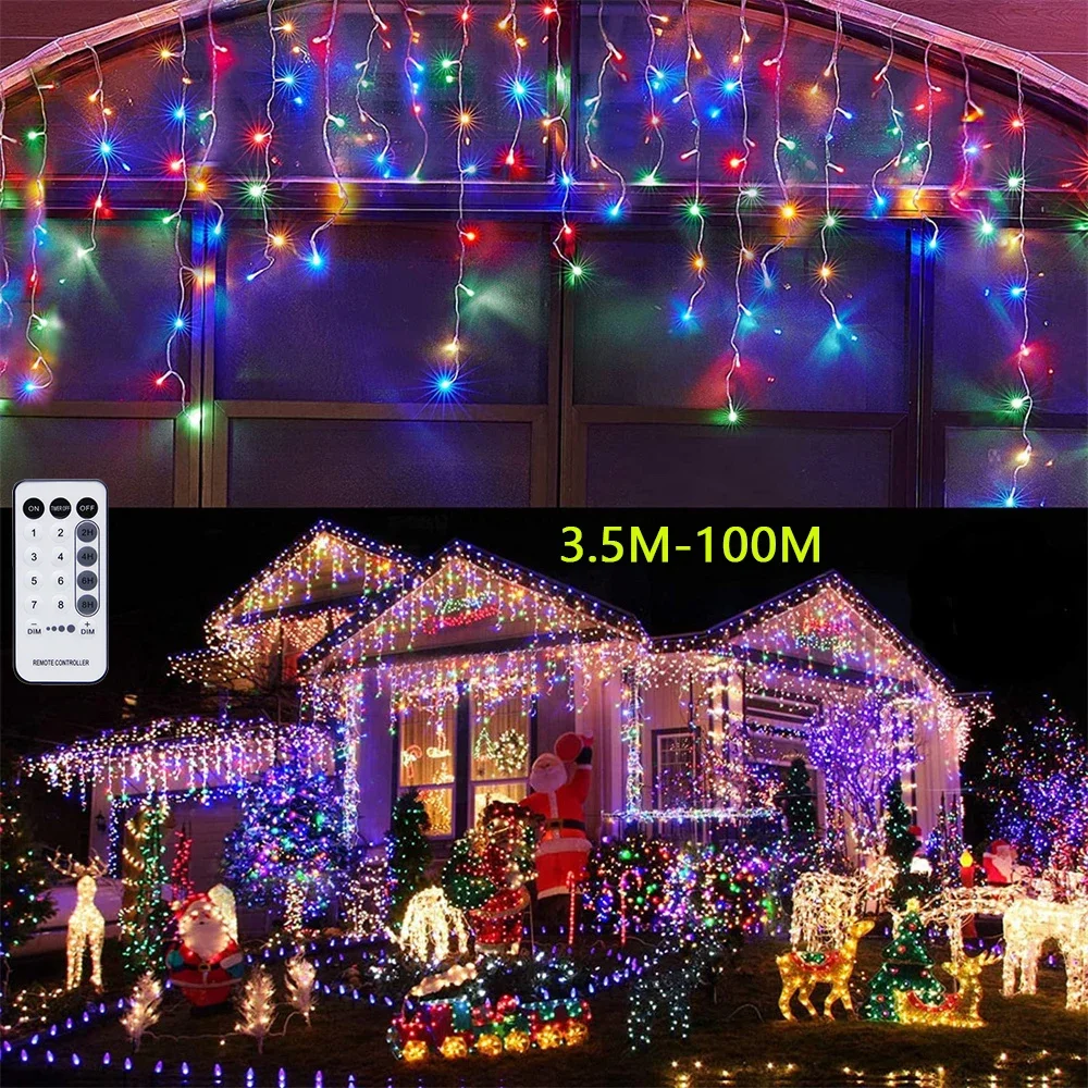 thumbnail image 4 of Guirnalda de luces LED con forma de cortina de carámbanos, guirnalda navideña de luces de hadas de 3 a 60 m, iluminación decorativa para exteriores, jardín y calle, 4 of 5