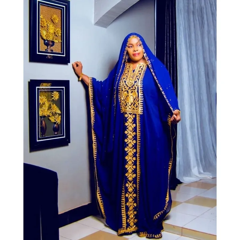 Royal Blue New Marocchino Dubai Caftani Farasha Abaya Dress Abito Lungo Molto Fantasia